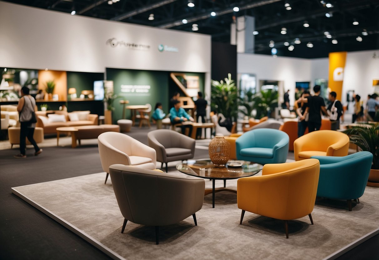 Visitors browse diverse furniture displays at Singapore Expo, surrounded by vibrant colors and modern designs