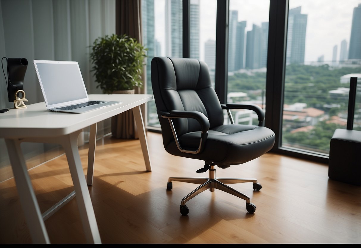 A sleek, modern chair sits beside a minimalist desk in a sunlit room in iconic furniture Singapore