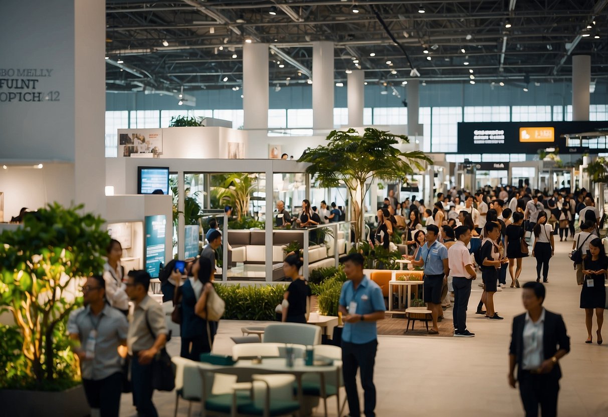 A bustling expo hall with various furniture displays, attendees browsing and interacting with exhibitors, and signage indicating "Frequently Asked Questions" at the Singapore Furniture Expo
