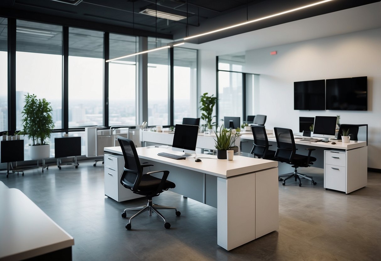 A modern office with sleek Primz Bizhub furniture, clean lines, and minimalist design