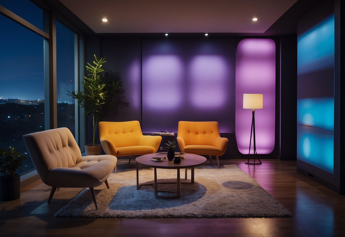 A room with thermochromic furniture changing color in response to temperature variations