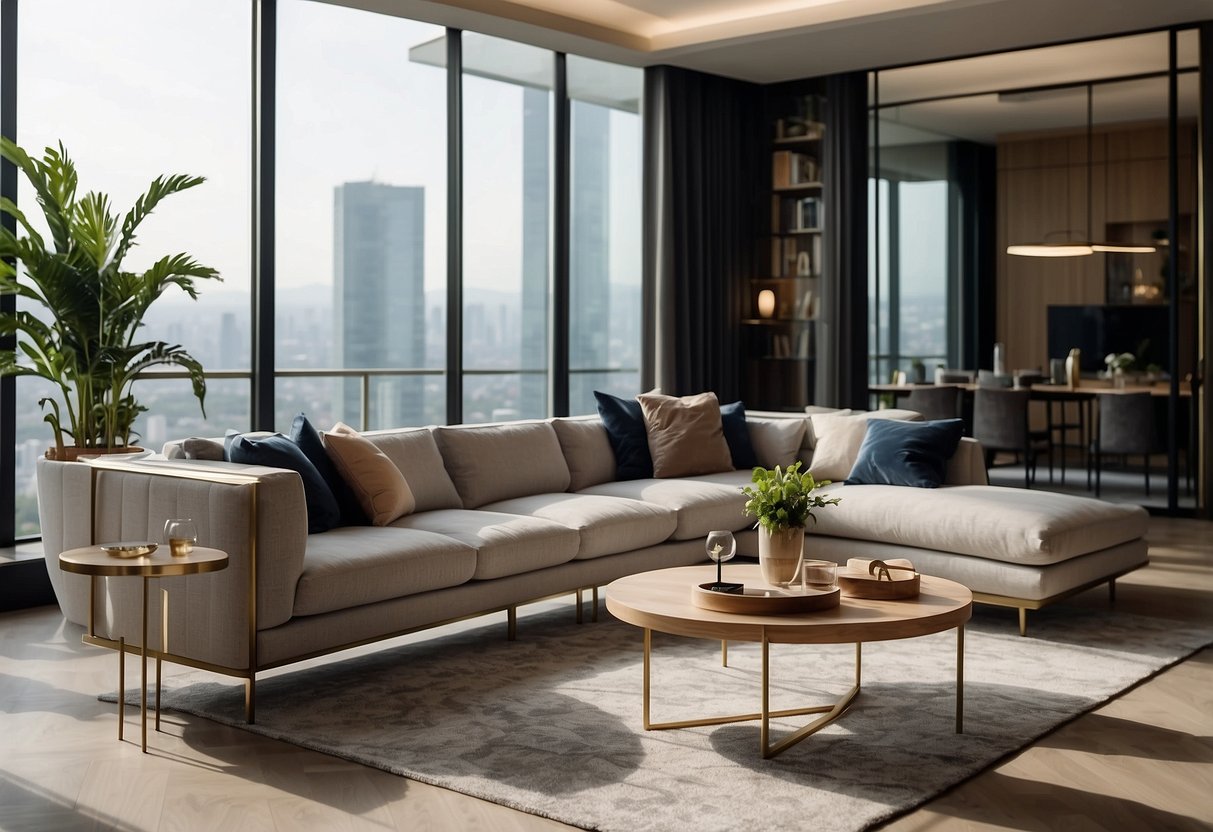 A spacious living room with elegant, modern furniture arranged in a tasteful and inviting manner. The high-quality pieces exude luxury and comfort, creating an atmosphere of sophistication and style