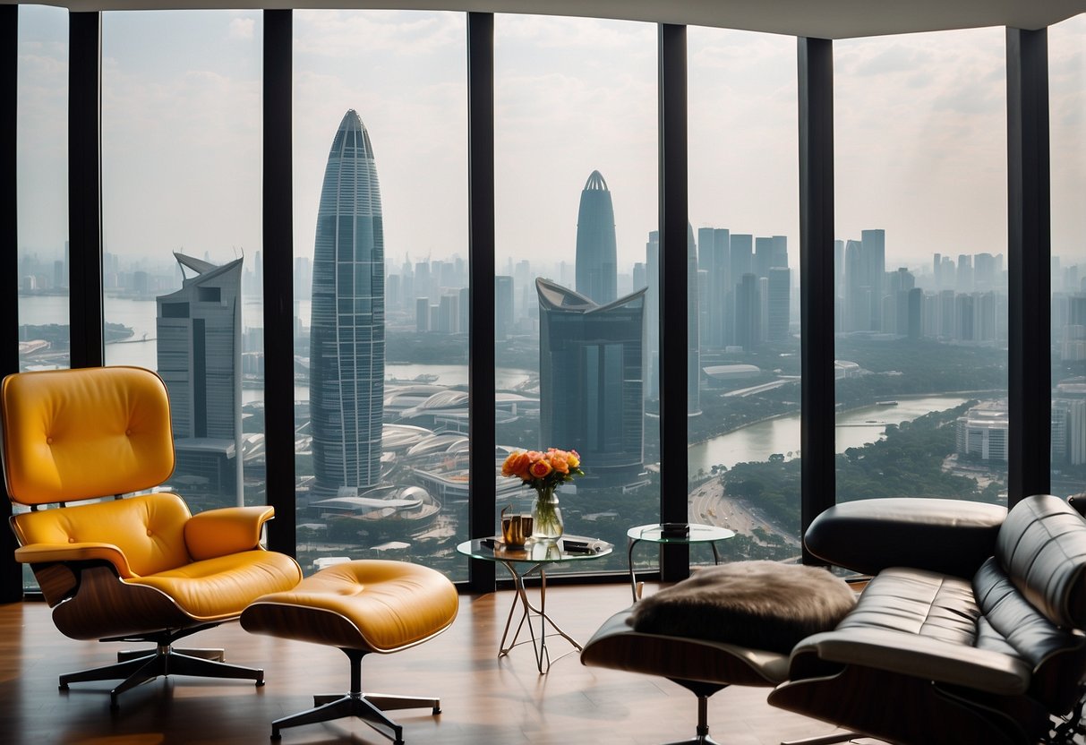 A modern living room with iconic furniture designs, including the Egg chair, Eames lounge chair, and Barcelona chair, set against the backdrop of the Singapore skyline