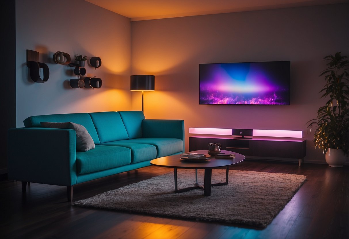 A room with thermochromic furniture changing color as temperature fluctuates