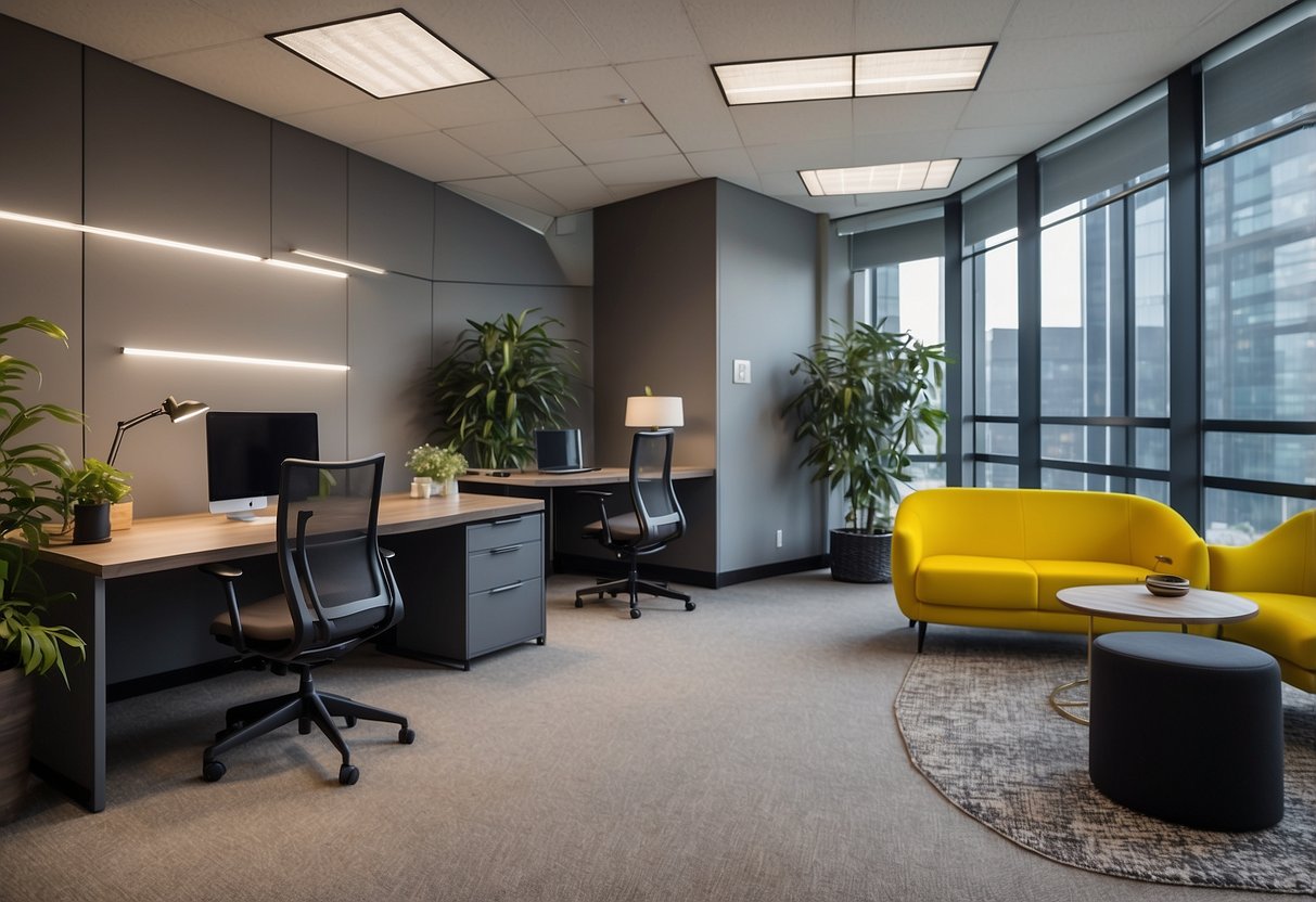 A modern office space with sleek furniture and vibrant decor, showcasing the professional and inviting atmosphere of the primz bizhub leasing and investment firm