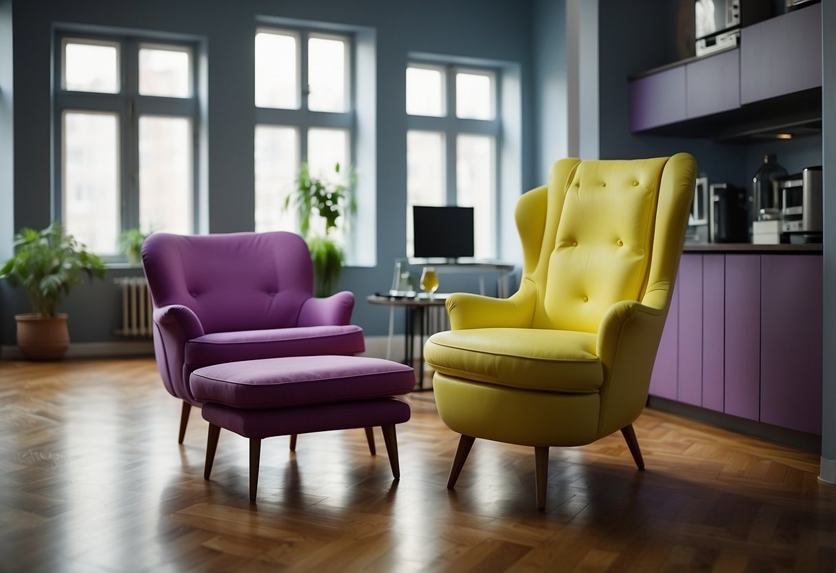 A room filled with thermochromic furniture, changing color as the temperature fluctuates. The pieces are designed by renowned creators, showcasing their iconic style