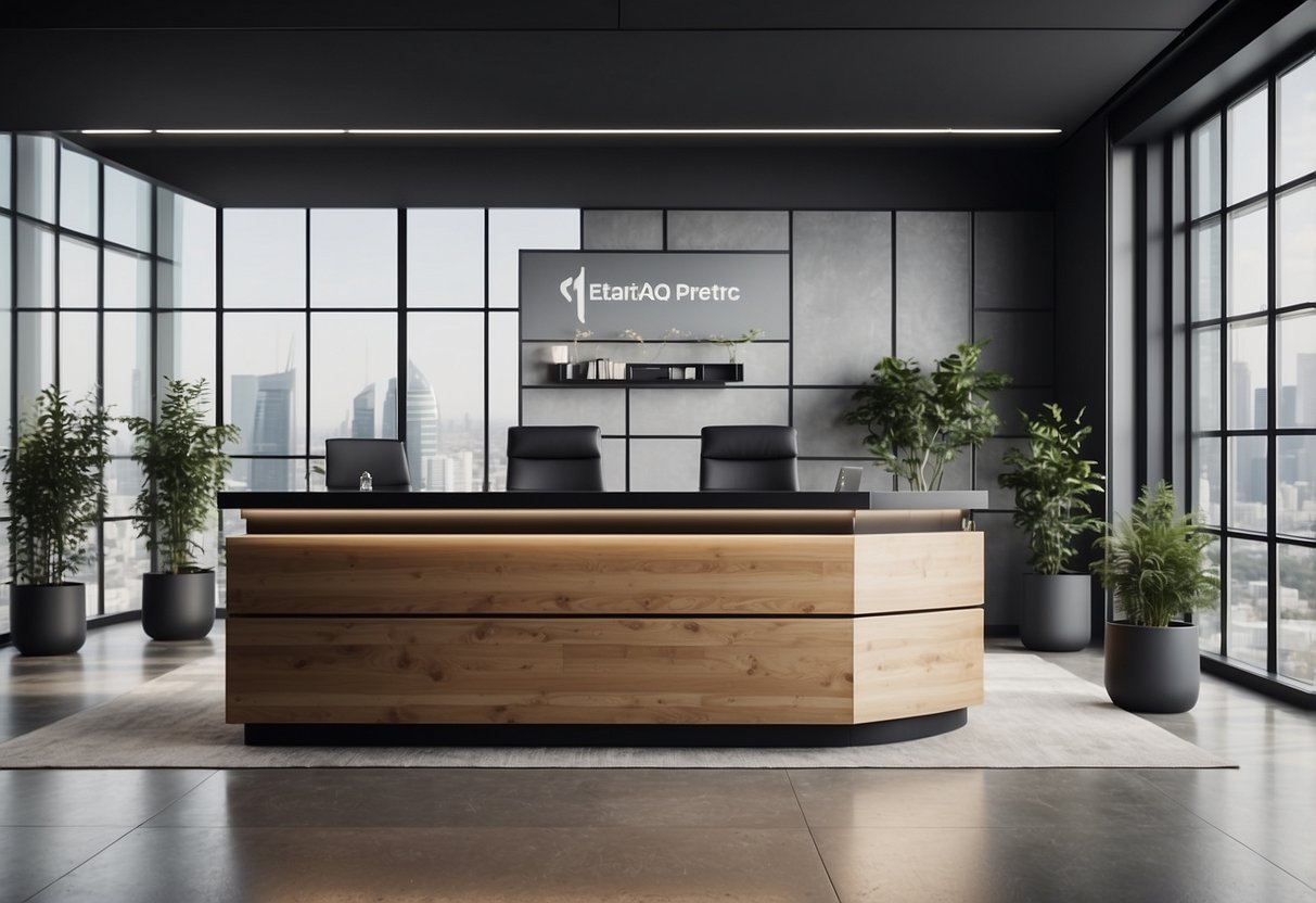 A modern office with sleek, minimalist furniture. A reception desk with a logo, chairs, and a display of FAQs. Clean, professional atmosphere