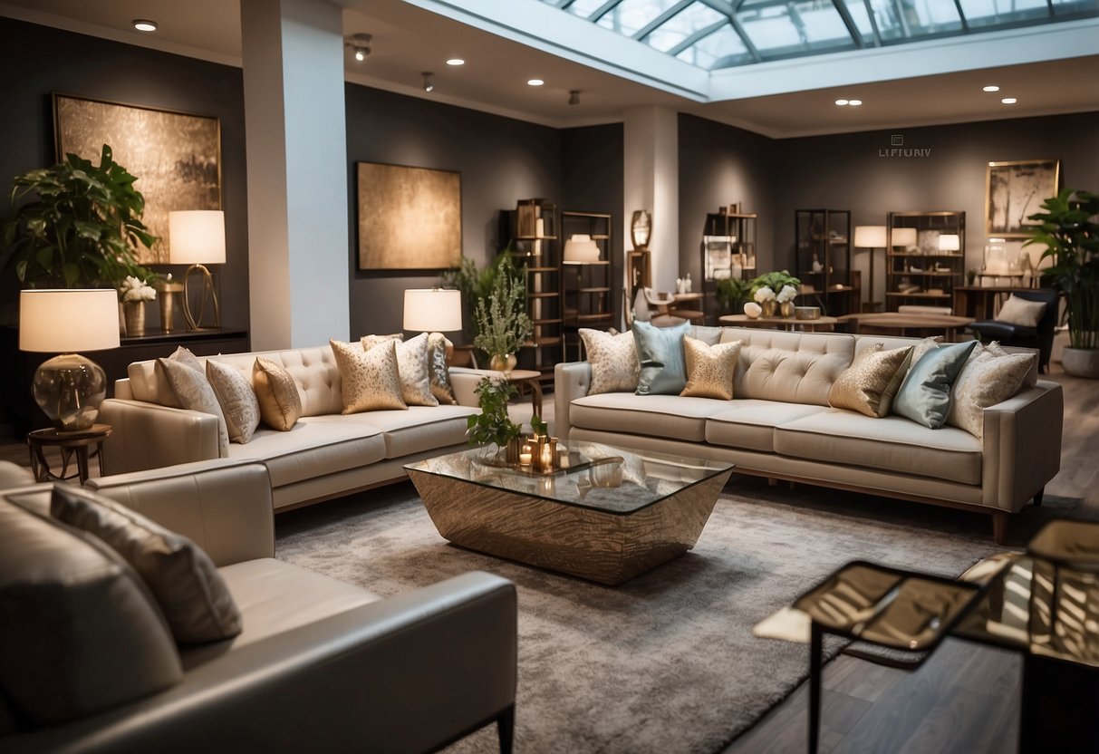 A spacious, well-lit showroom displays a range of elegant home furniture. Customers browse, admiring the craftsmanship and comfort of the pieces