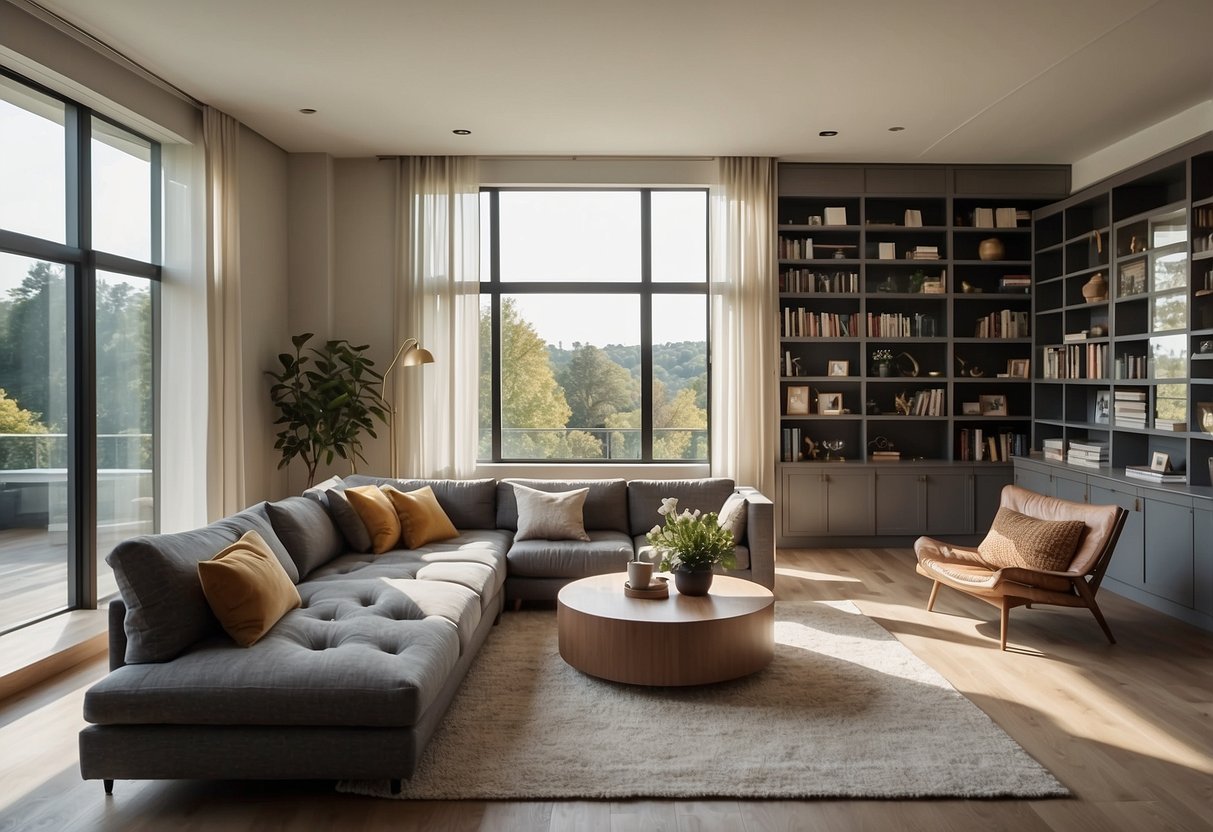 A stylish living room with modern furniture, including a comfortable sofa, elegant coffee table, and sleek bookshelves. Bright natural light streams in through large windows, creating a warm and inviting atmosphere