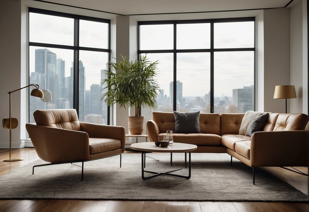 A modern living room with iconic furniture, including a sleek sofa, a designer coffee table, and a statement armchair, all set against a backdrop of minimalist decor and large windows