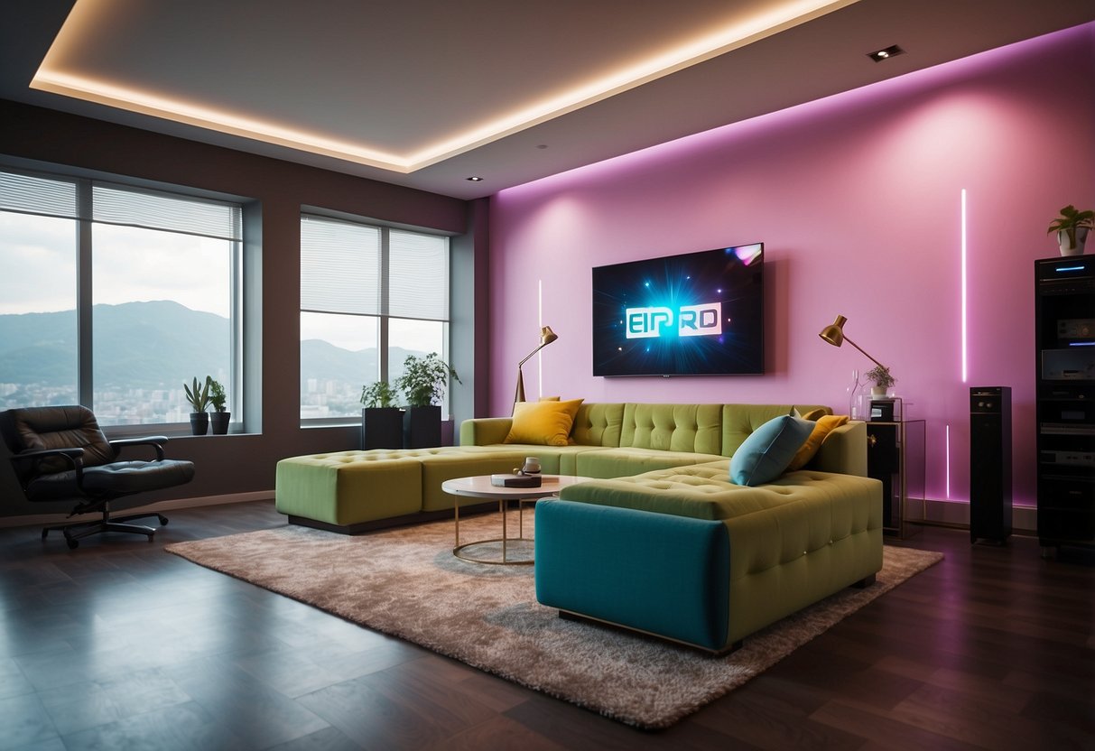 A room with color-changing furniture, displaying FAQ signs