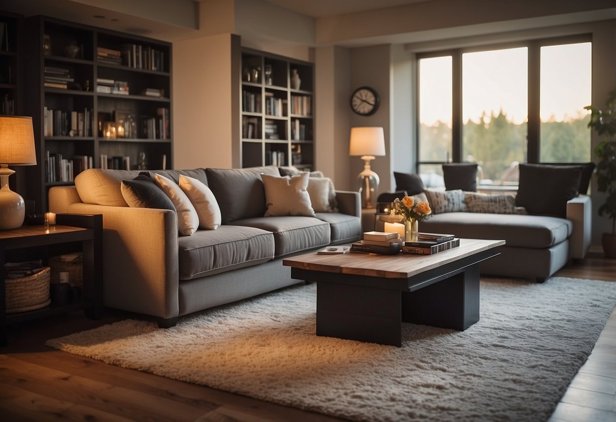A cozy living room with a plush sofa, coffee table, and bookshelf. A soft rug and warm lighting create a welcoming atmosphere