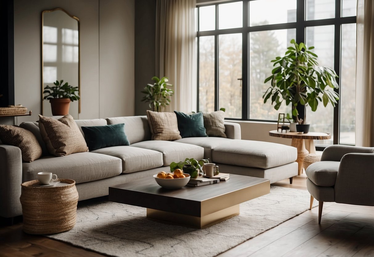 A modern living room with sleek furniture, a cozy sofa, and a stylish coffee table. The room is filled with natural light and adorned with decorative accents