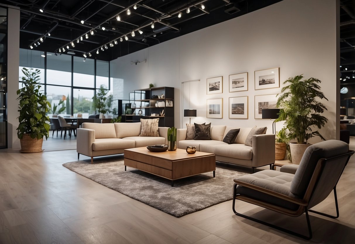 A spacious showroom with modern and classic furniture displays. Bright lighting and clean lines create a welcoming atmosphere