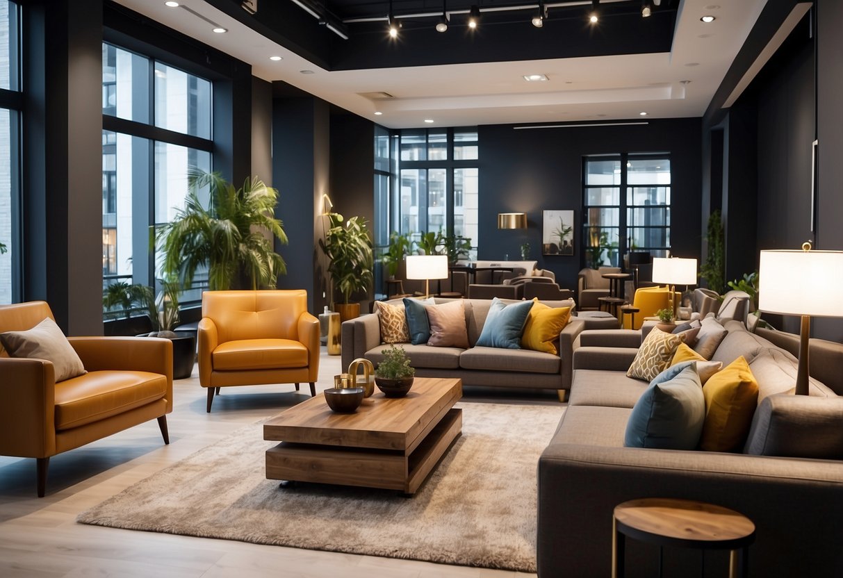A spacious showroom with modern and traditional furniture options neatly displayed. Bright lighting and a welcoming atmosphere