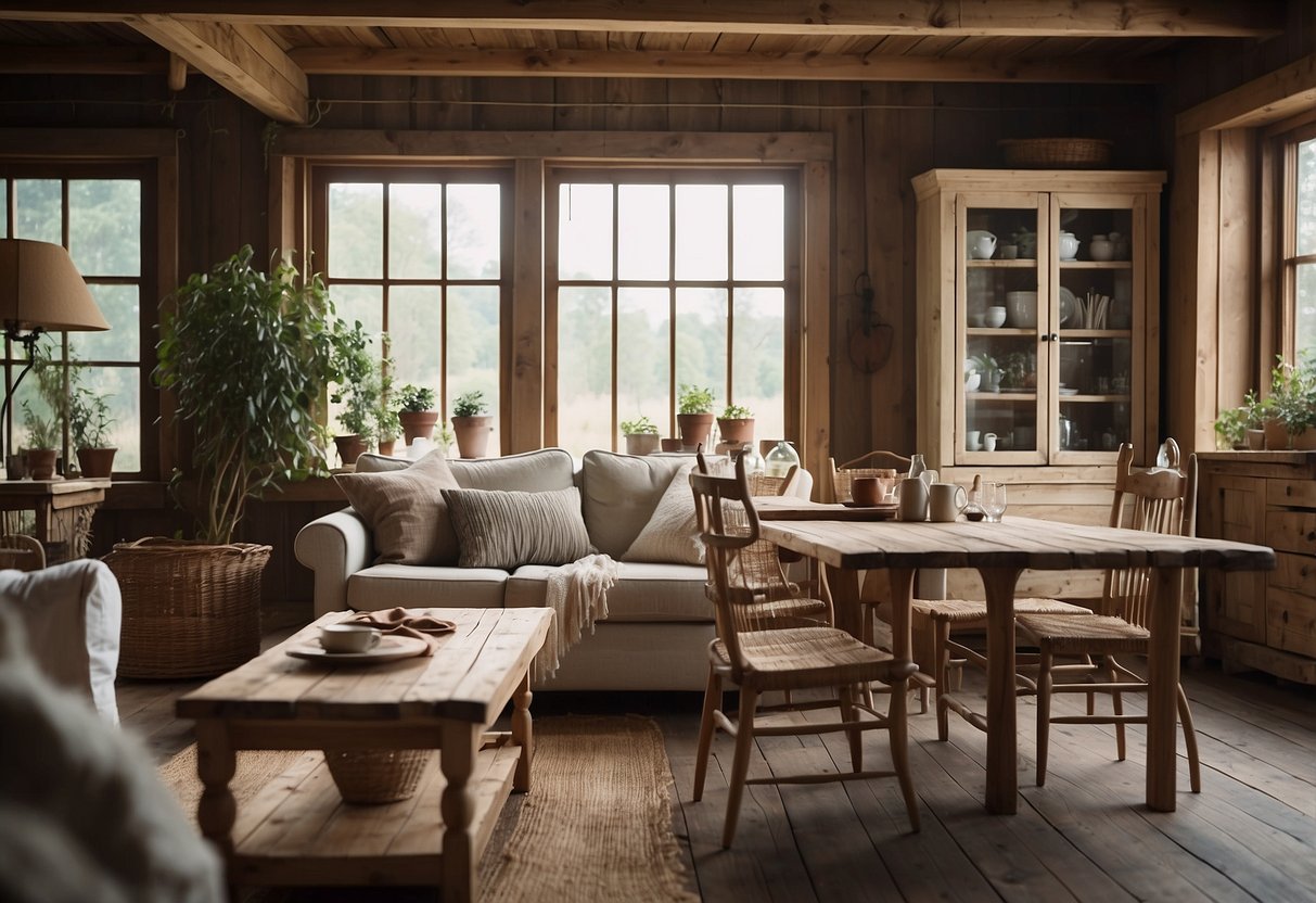 A cozy living room with white country style furniture. A rustic wooden table, chairs with slatted backs, and a distressed cabinet