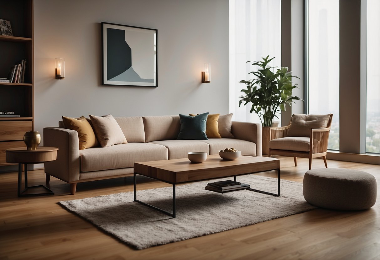 A sleek, modern sofa with clean lines and luxurious fabric sits in a well-lit, spacious living room, surrounded by elegant, handcrafted wooden furniture