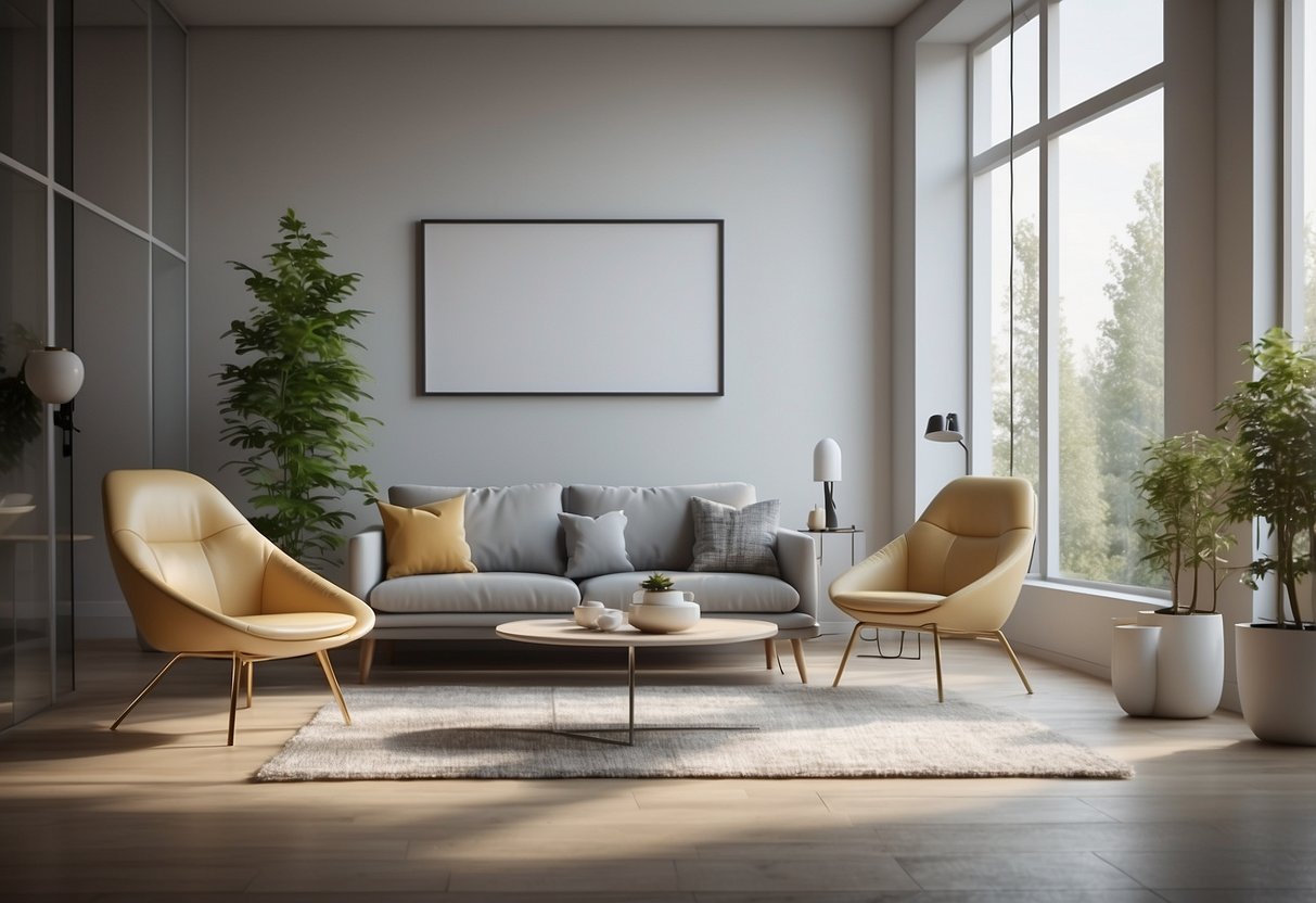 A computer screen displays a 3D rendering of modern furniture in a bright, minimalist room with clean lines and soft lighting