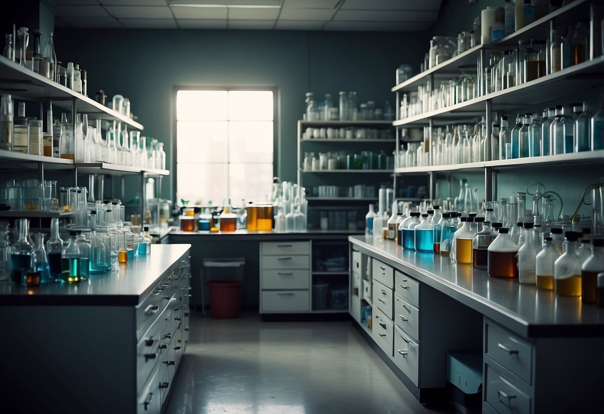 A cluttered science lab with lab benches, stools, cabinets, and shelves filled with beakers, test tubes, and scientific equipment