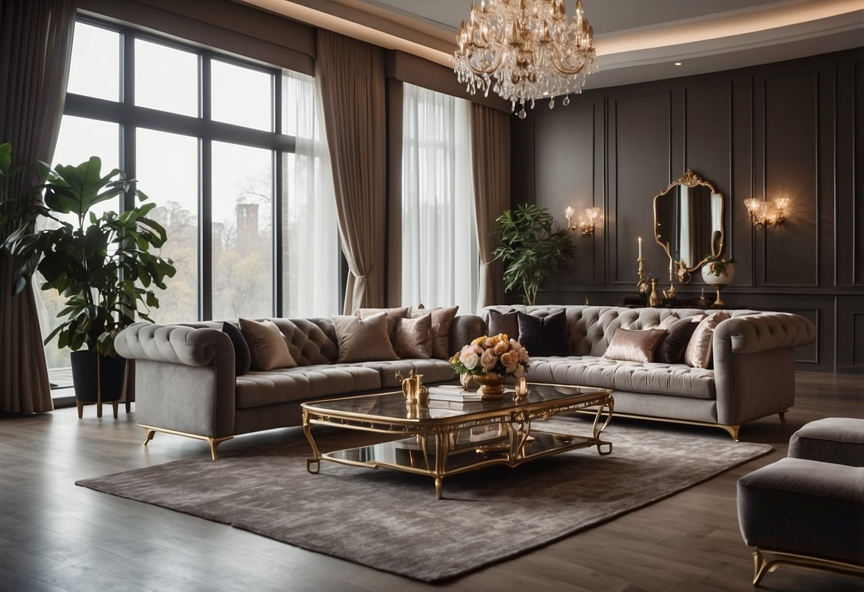 A luxurious living room with Royal Oak furniture sofas arranged around a coffee table, set against a backdrop of elegant drapes and a grand chandelier