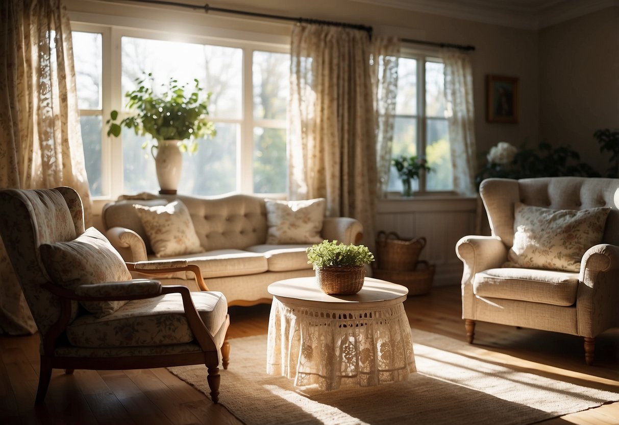 A cozy living room with white country style furniture, including a distressed wooden coffee table, a floral-printed sofa, and a vintage-inspired armchair. Sunlight streams through lace curtains, casting a warm glow on the room