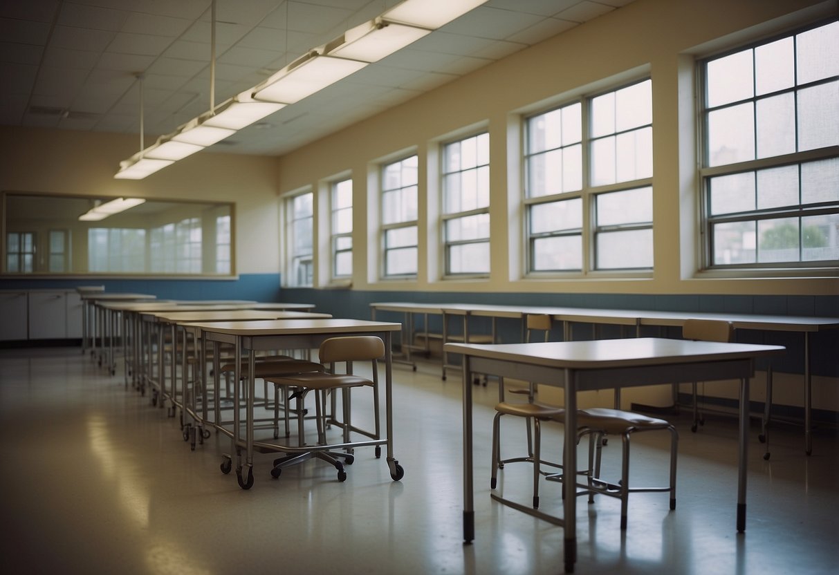 A classroom with lab tables, stools, cabinets, and safety equipment
