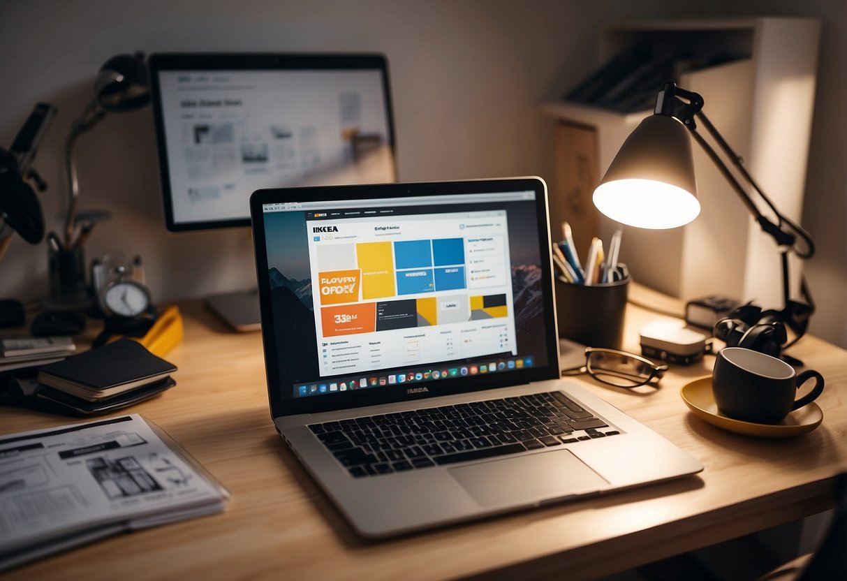 An open laptop displaying IKEA's design software, surrounded by furniture catalogs and measuring tools on a clean, organized desk