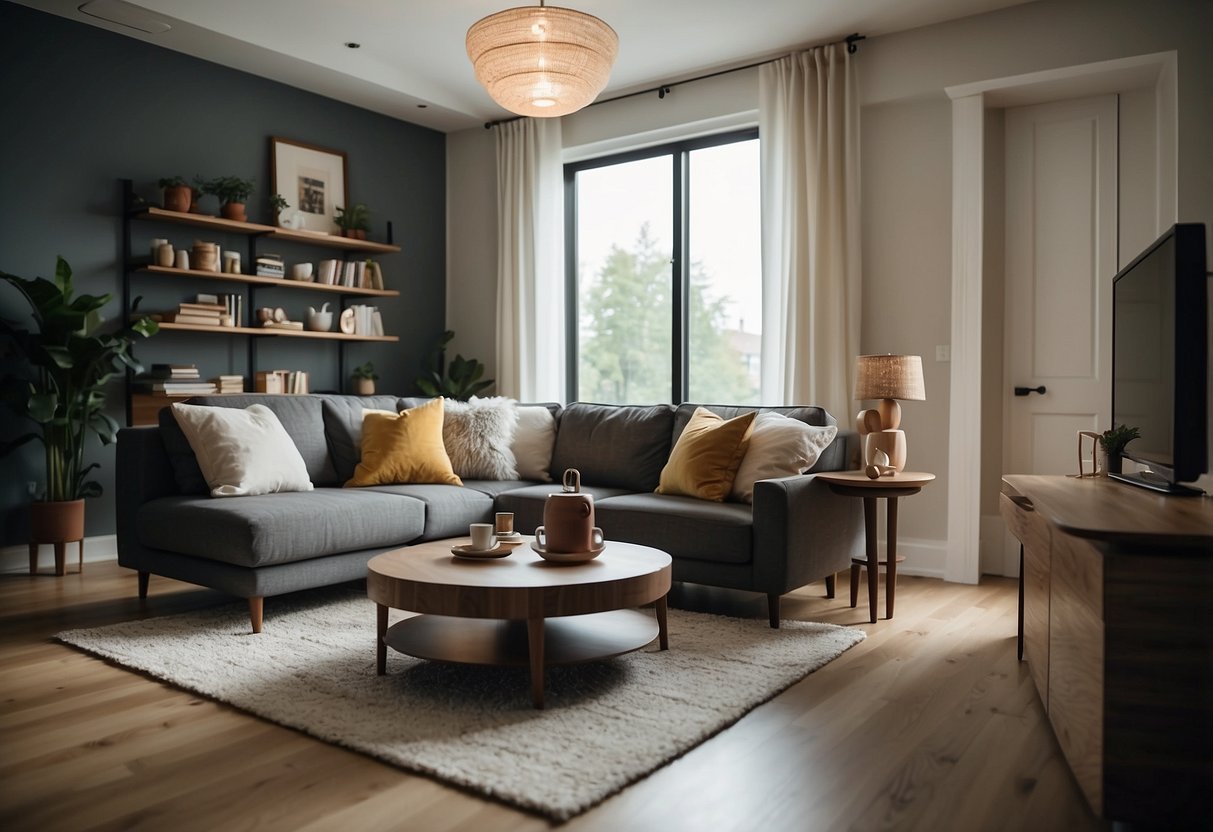 A living room with a sofa, coffee table, and bookshelf. A dining area with a table and chairs. A bedroom with a bed, nightstand, and dresser