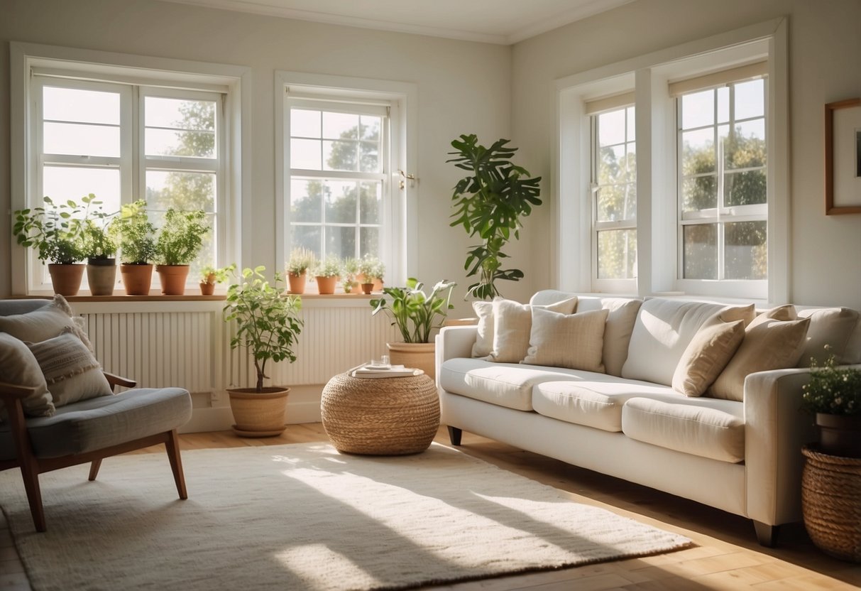 A bright, airy room with white country-style furniture arranged for maximum functionality and style. Sunlight streams in through the windows, casting a warm glow on the cozy space