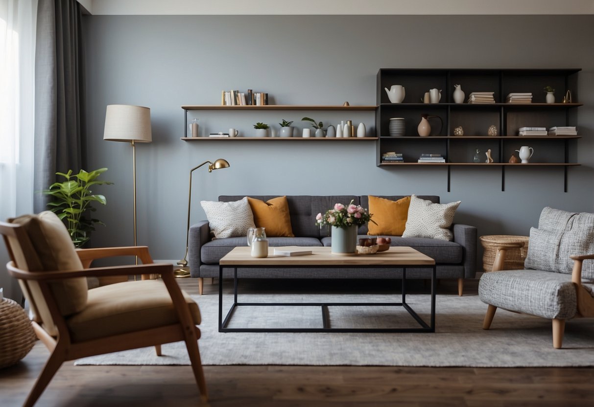 A living room with a sofa, coffee table, and bookshelf. A dining area with a table and chairs. A bedroom with a bed, nightstand, and dresser