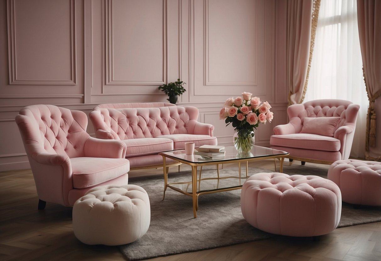 A room filled with pink rose furniture, including a plush sofa, elegant armchairs, and a delicate coffee table