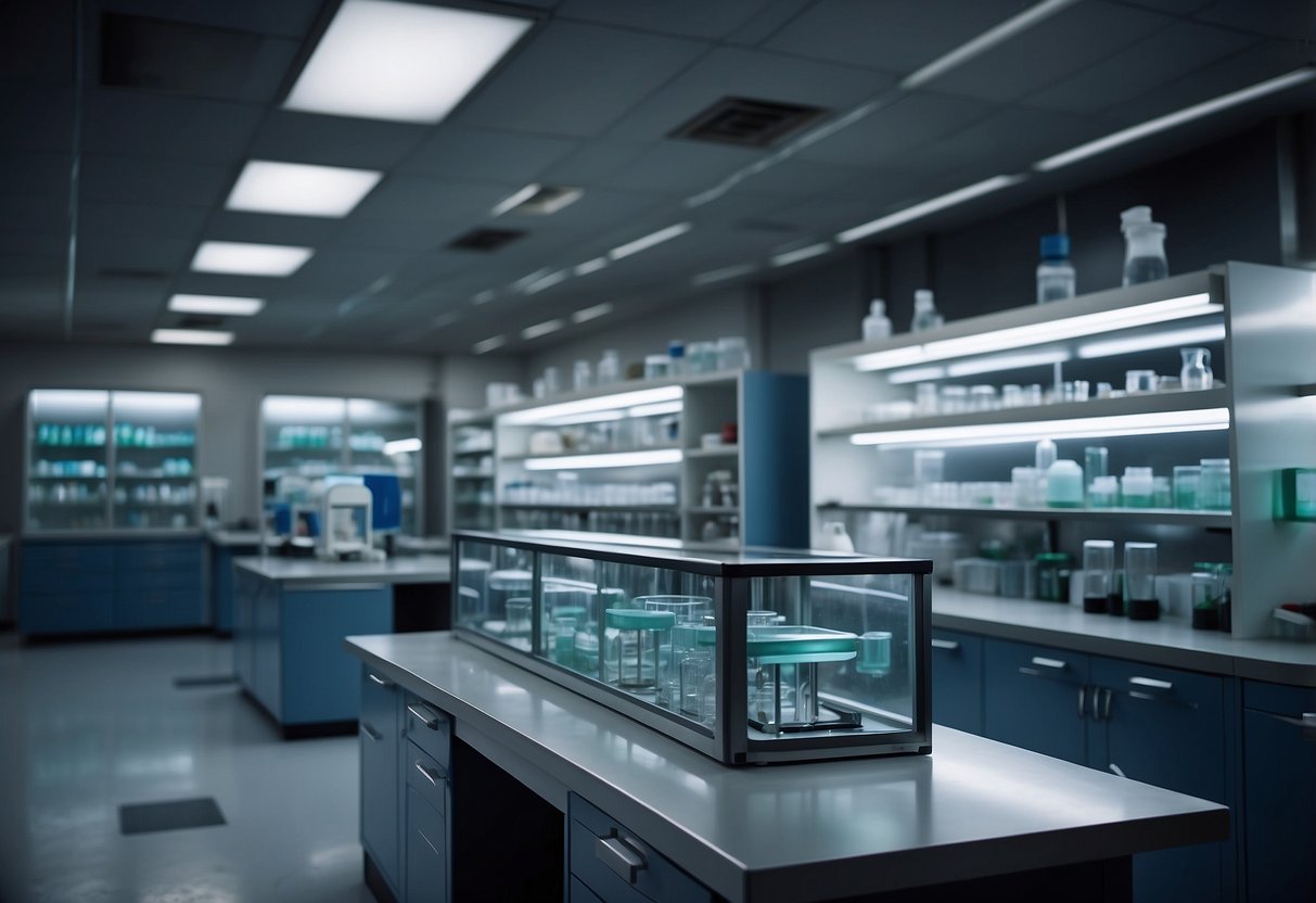 A science lab with adjustable tables, storage cabinets, and safety equipment
