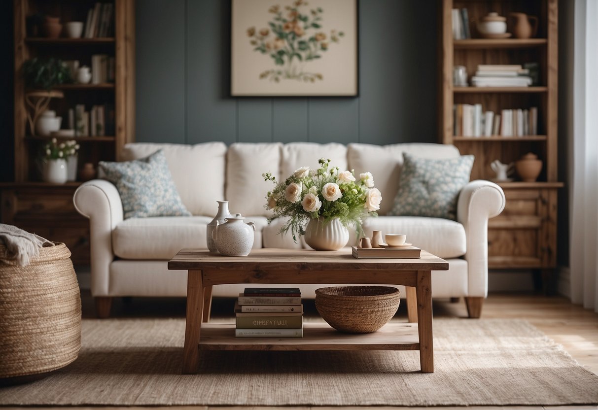 A cozy living room with white country style furniture, including a distressed wooden coffee table, a floral patterned armchair, and a vintage white bookshelf