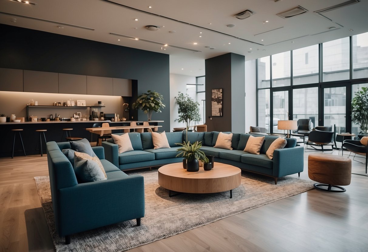 A spacious showroom with modern, stylish furniture displayed in well-lit areas, accompanied by friendly and attentive staff assisting customers