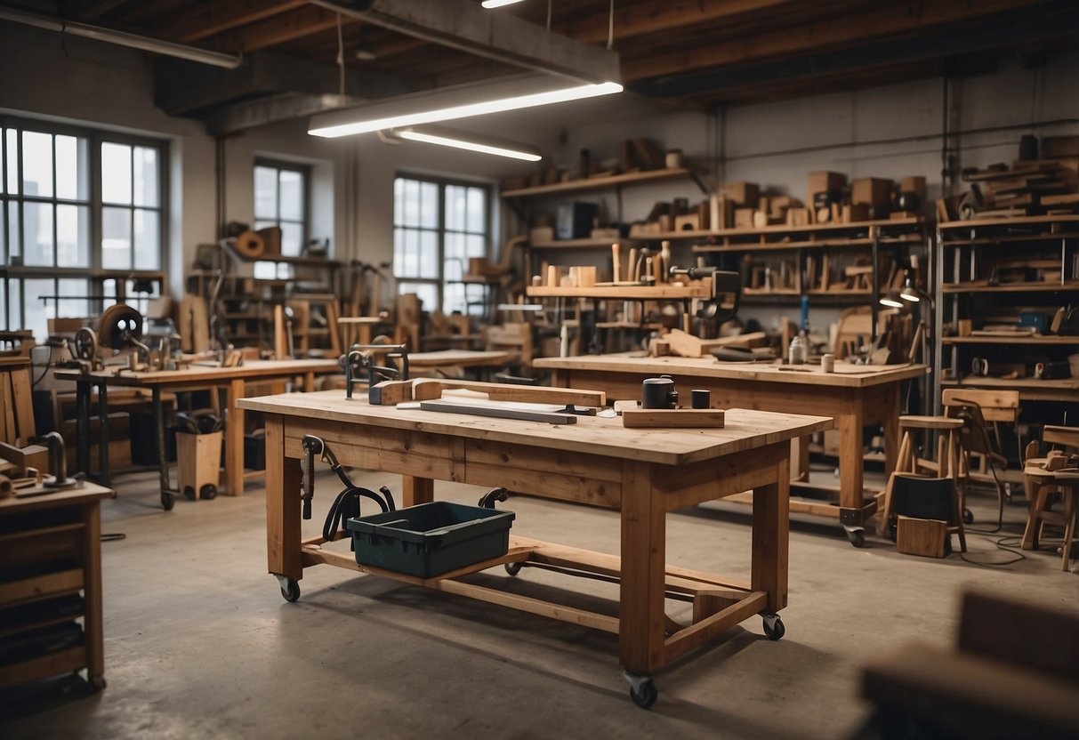 A workshop filled with various types of furniture and materials, including wood, metal, and fabric. Tools and equipment are scattered around, showing the craftsmanship involved in creating each piece
