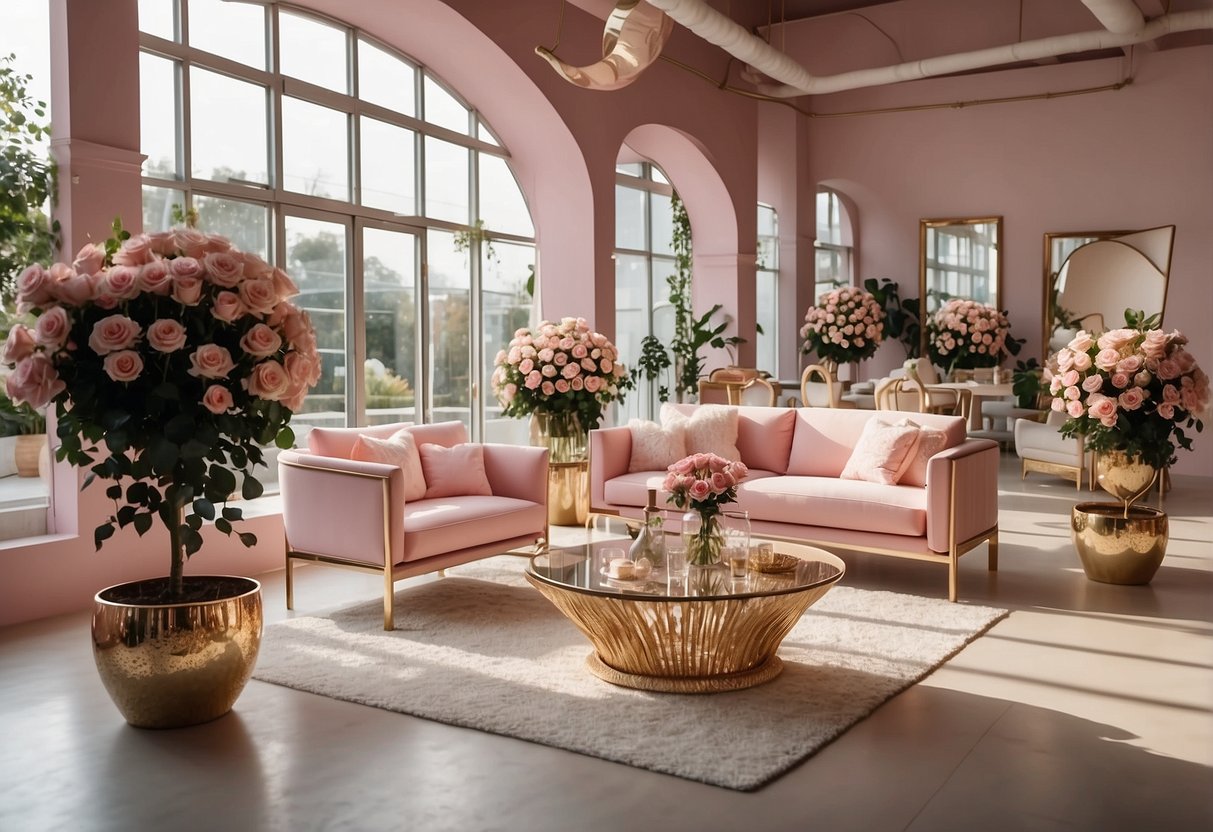 A bright, airy showroom with pink rose furniture arranged in elegant displays. Light filters through large windows, casting a warm glow on the luxurious pieces