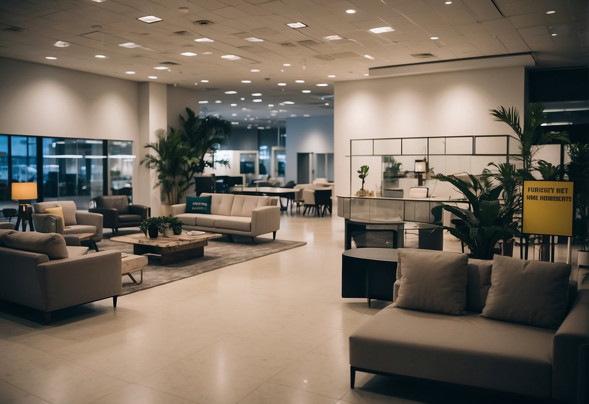 A spacious showroom with modern furniture displays, a reception desk, and a sign reading "Frequently Asked Questions home furniture center."