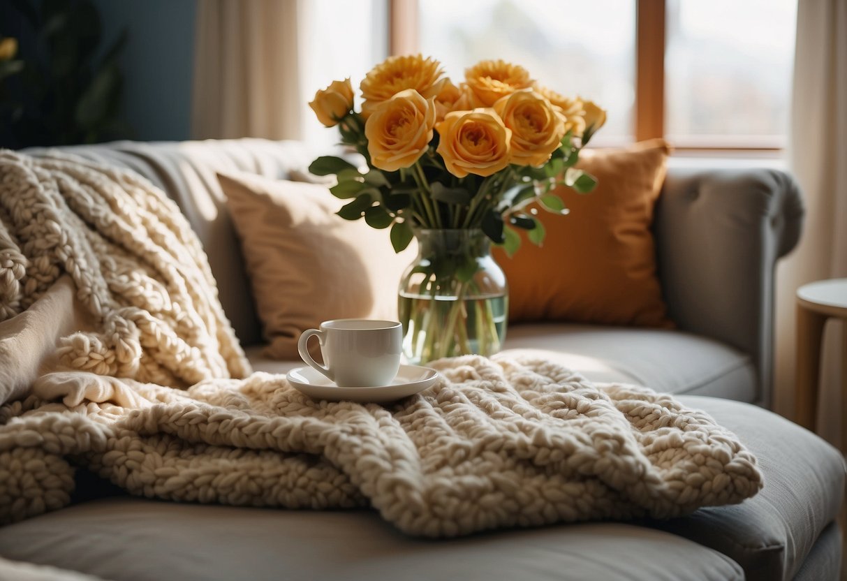 A plush Royal Oak sofa sits in a sunlit living room, adorned with soft throw pillows and a cozy blanket. A vase of fresh flowers adds a touch of elegance to the scene