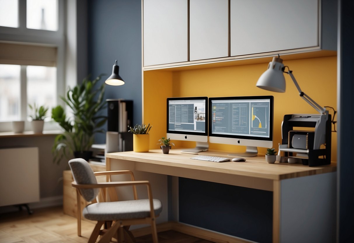 A computer screen displaying a 3D modeling software with IKEA furniture designs. A desk with drawing tools and reference materials in the background