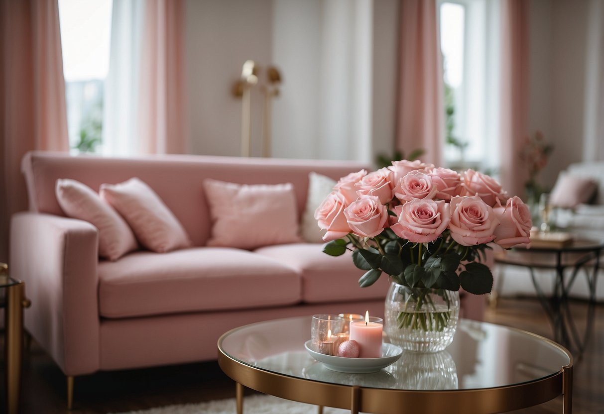 A cozy living room with pink rose furniture, adorned with seasonal decorations and special offers displayed on a nearby table