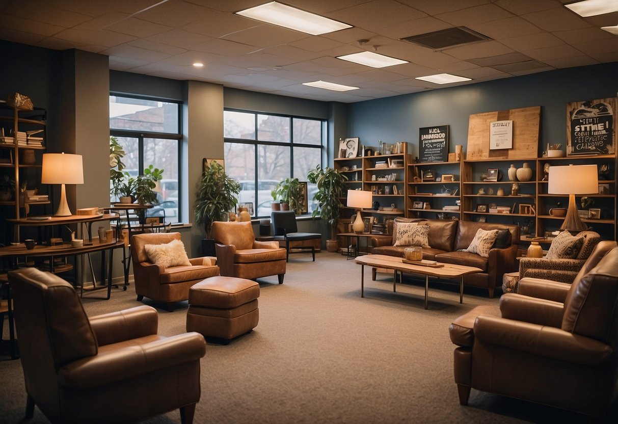A room filled with various types of furniture, including chairs, tables, and shelves, with a sign reading "Frequently Asked Questions" displayed prominently
