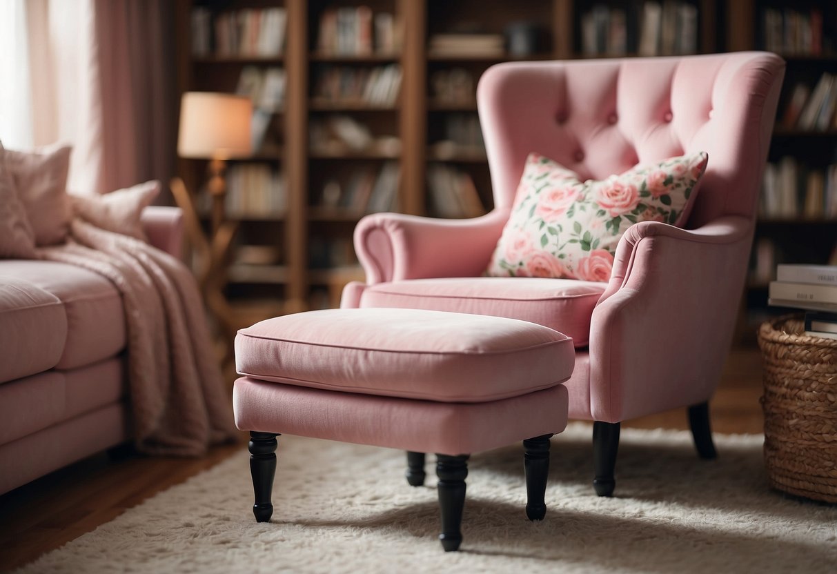 A pink rose-patterned armchair and matching ottoman sit in a cozy living room, surrounded by shelves of books and a soft, plush rug