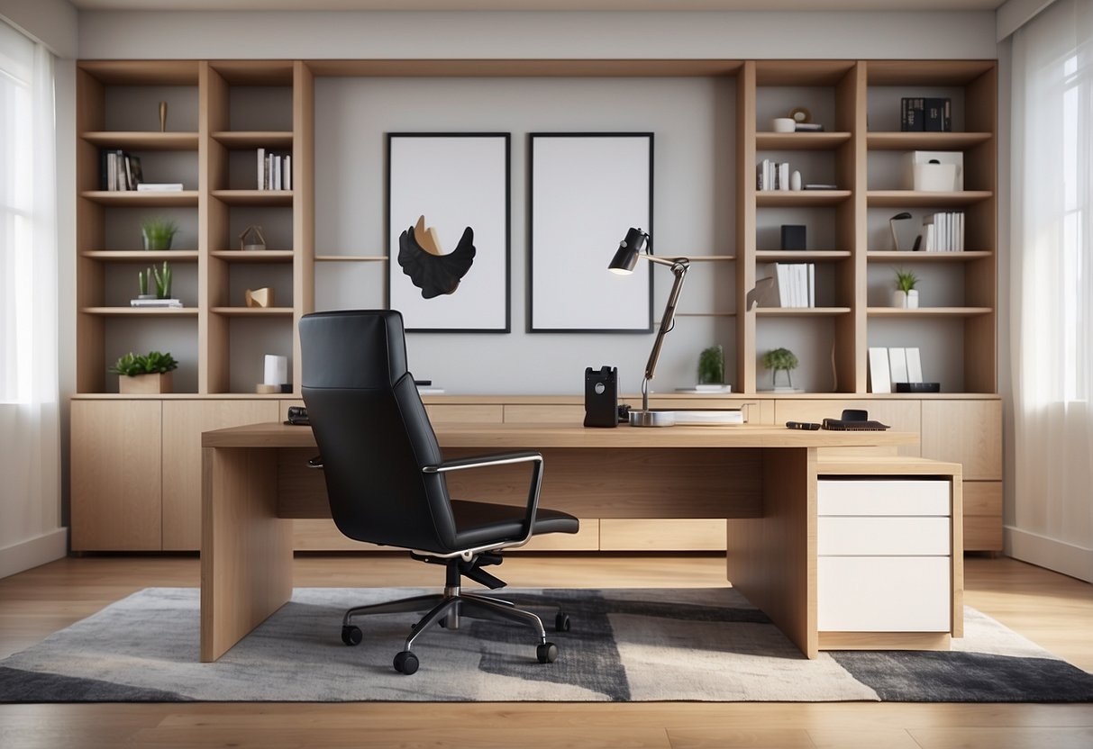 A sleek, minimalist desk with a matching chair, surrounded by light wood shelving and a modern, geometric rug in a spacious, bright office