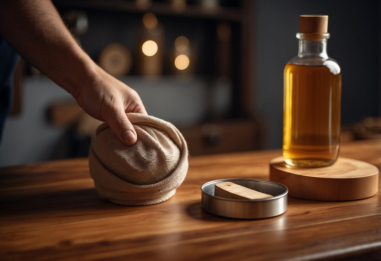Wooden furniture being polished with a soft cloth and a bottle of wood polish sitting nearby