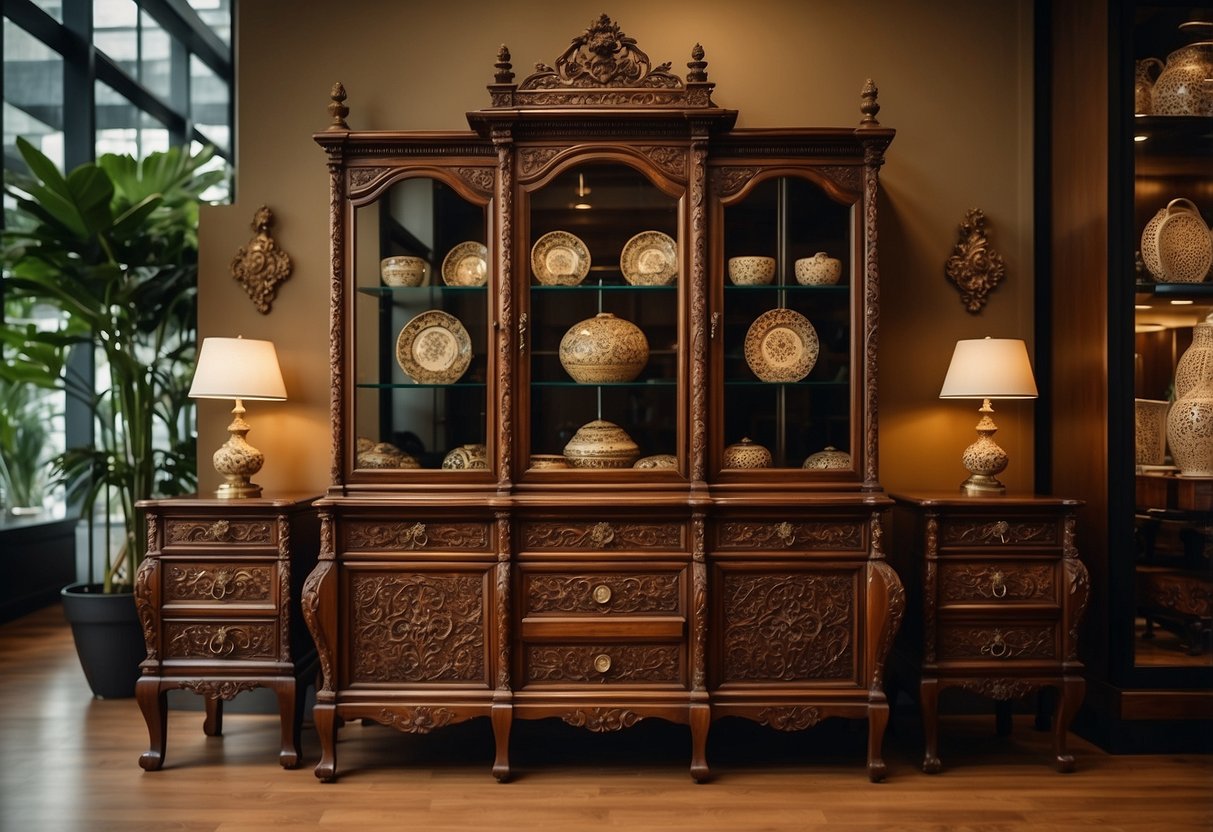 An elegant display of antique furniture in a Singapore showroom. Rich wood tones and intricate carvings catch the light, drawing in potential buyers