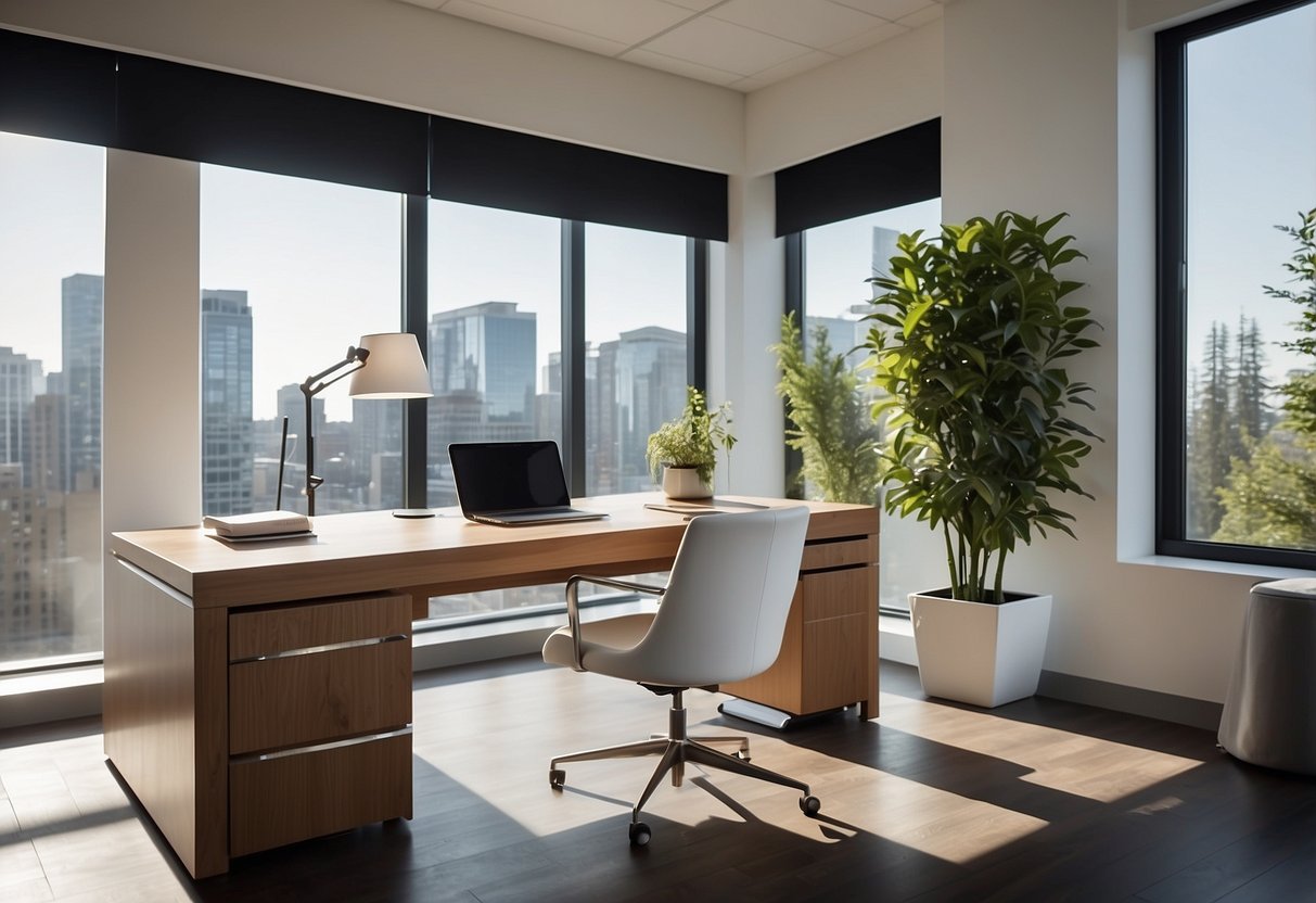 A clean, minimalist desk with a sleek, white chair. A large window lets in natural light, illuminating the simple, modern office space