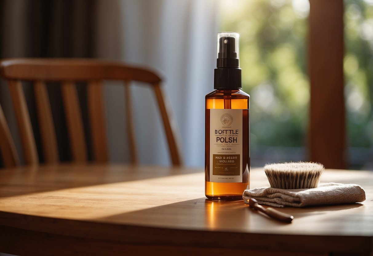 A bottle of wood furniture polish sits on a table next to a soft cloth and a brush. A wooden chair and table gleam in the sunlight