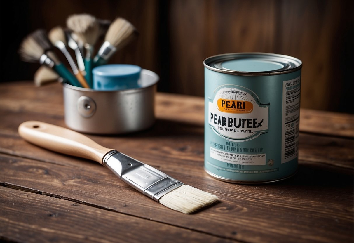 A can of pearl furniture paint sits on a wooden table, surrounded by paintbrushes and a half-finished chair