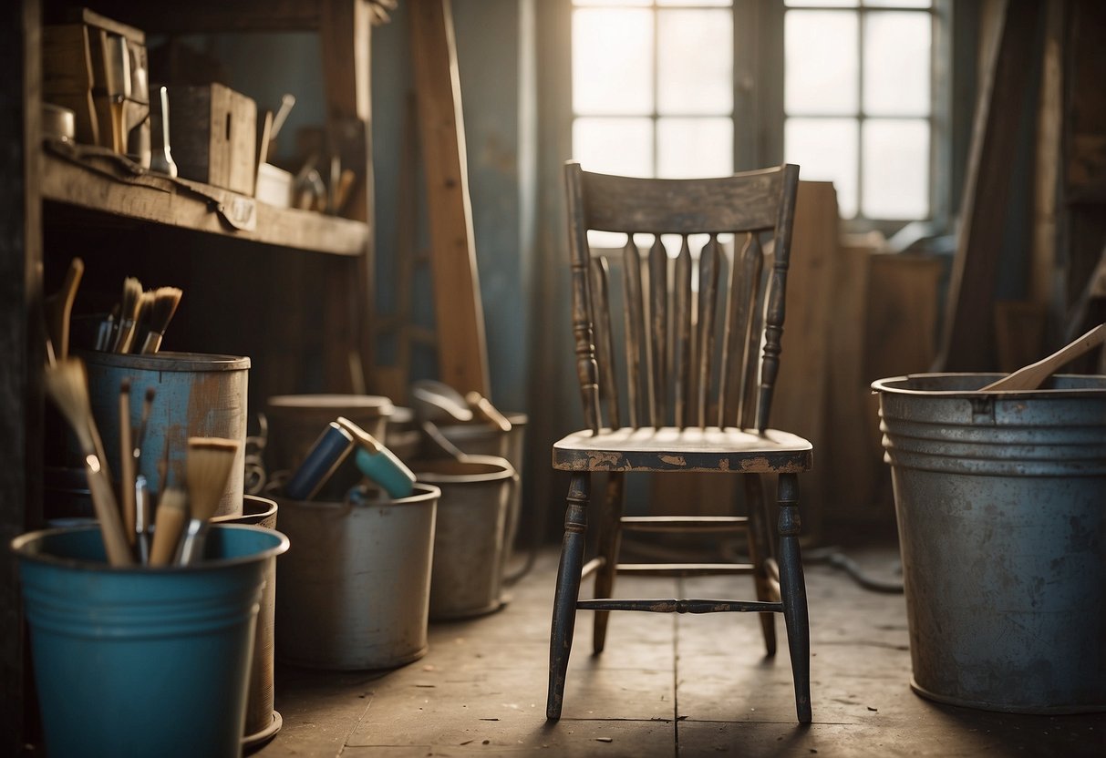 A wooden chair sits in a well-lit room, surrounded by paint cans, brushes, and sandpaper. The chair's surface is being carefully distressed and aged with a layer of antique paint