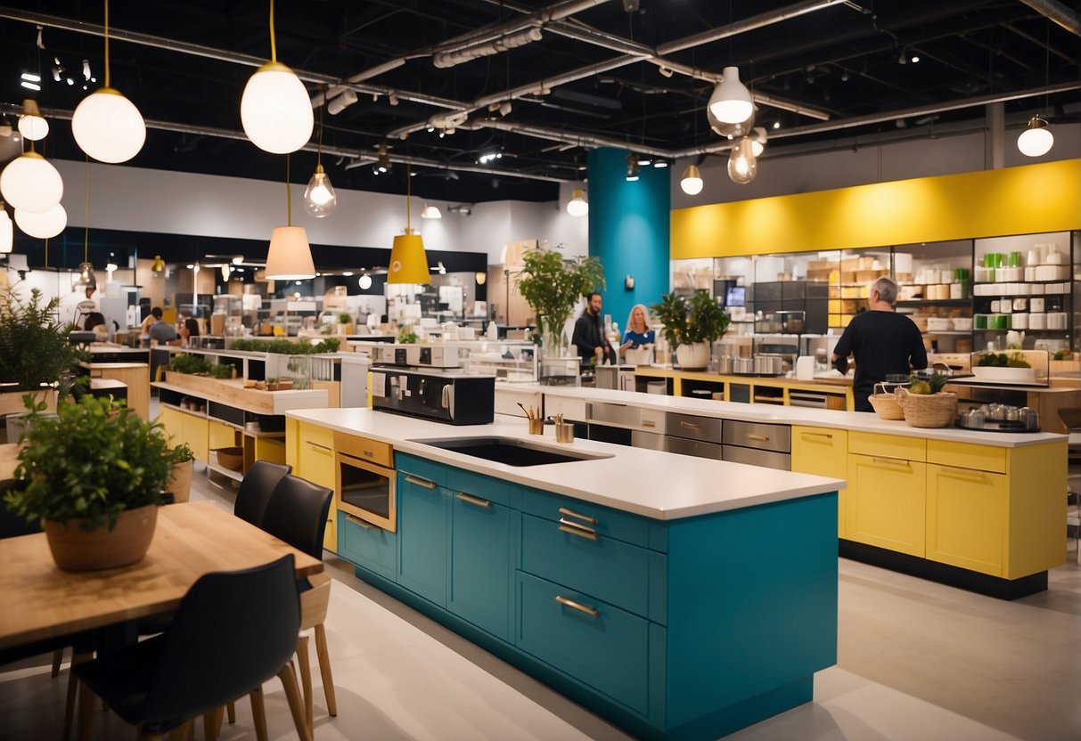 A crowded showroom with colorful kitchen furniture on sale at IKEA. Shoppers browsing, staff assisting. Bright lights and clean, modern displays